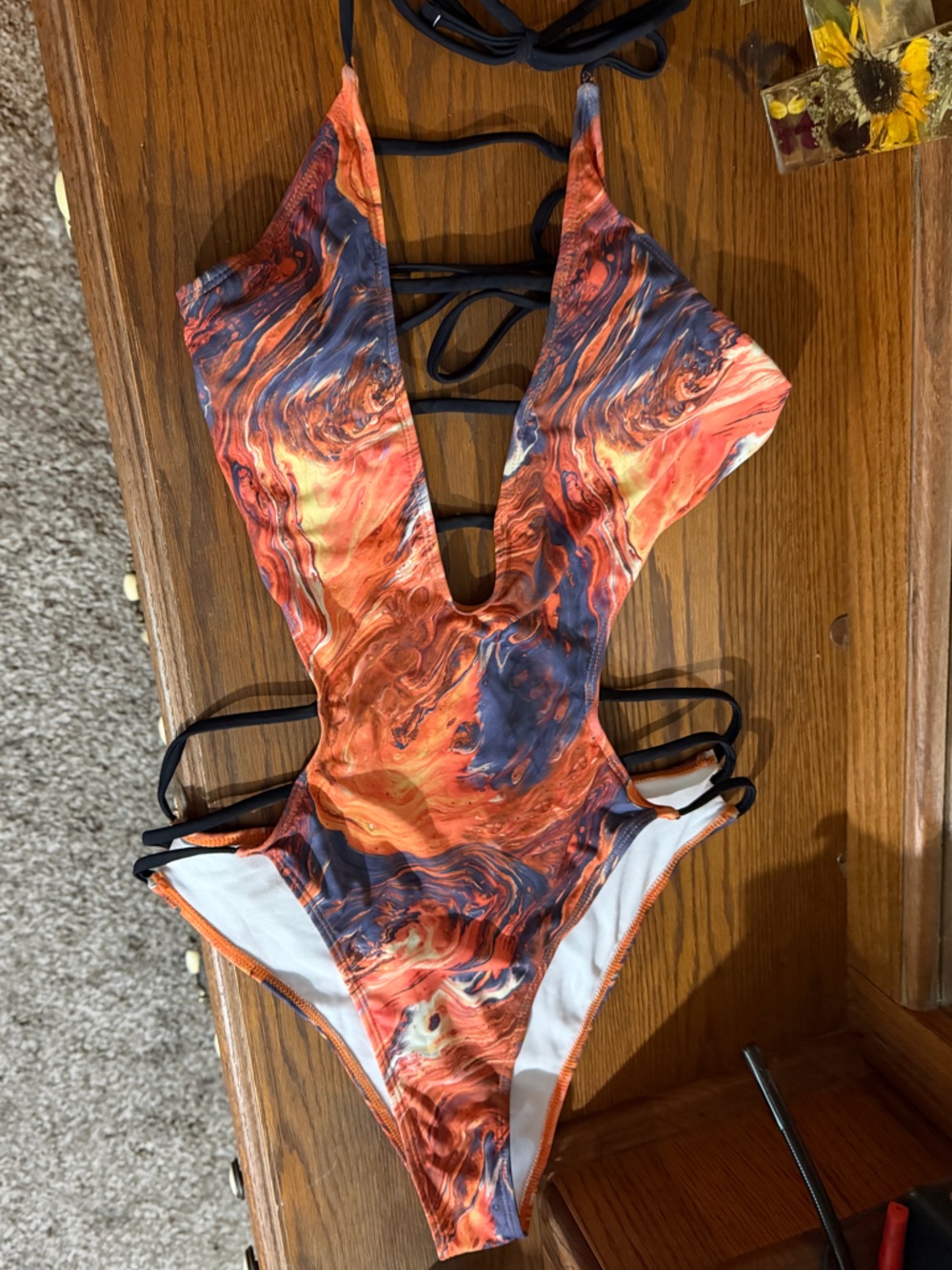 SHEIN Orange and Navy Marble Plunge One-Piece Swim